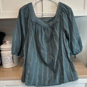 LC Lauren Conrad Peasant Blouse Square Neck Silver Metallic Accent Sz L Boho